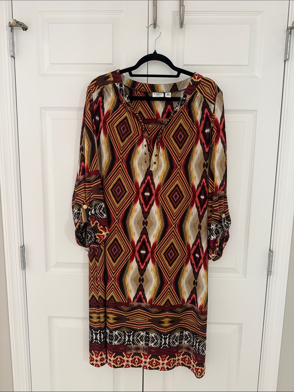 Cato Multicolor Geometric Print Long Sleeve Dress - Red, Gold, Black